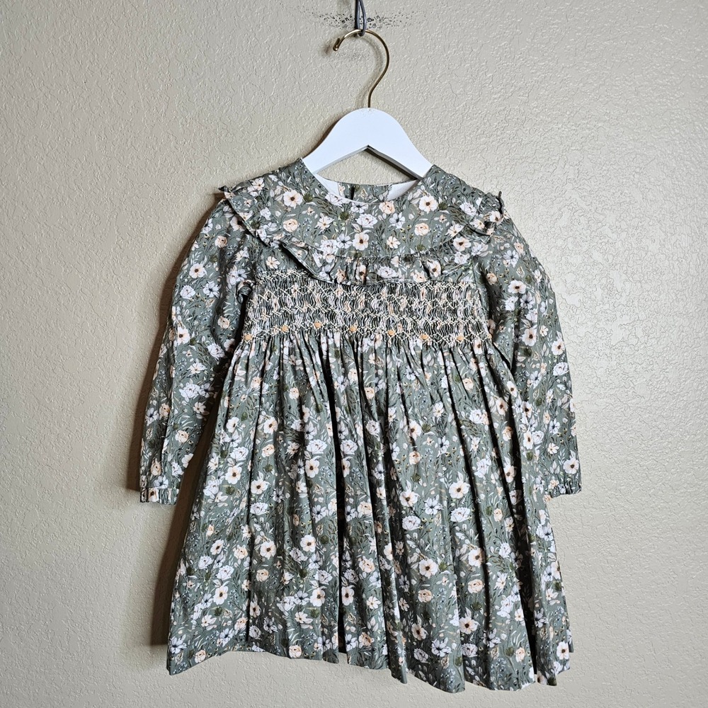 La Coqueta Kids Smocked Floral Dress Sage Green Ruffle Collar 4 Made in Spain